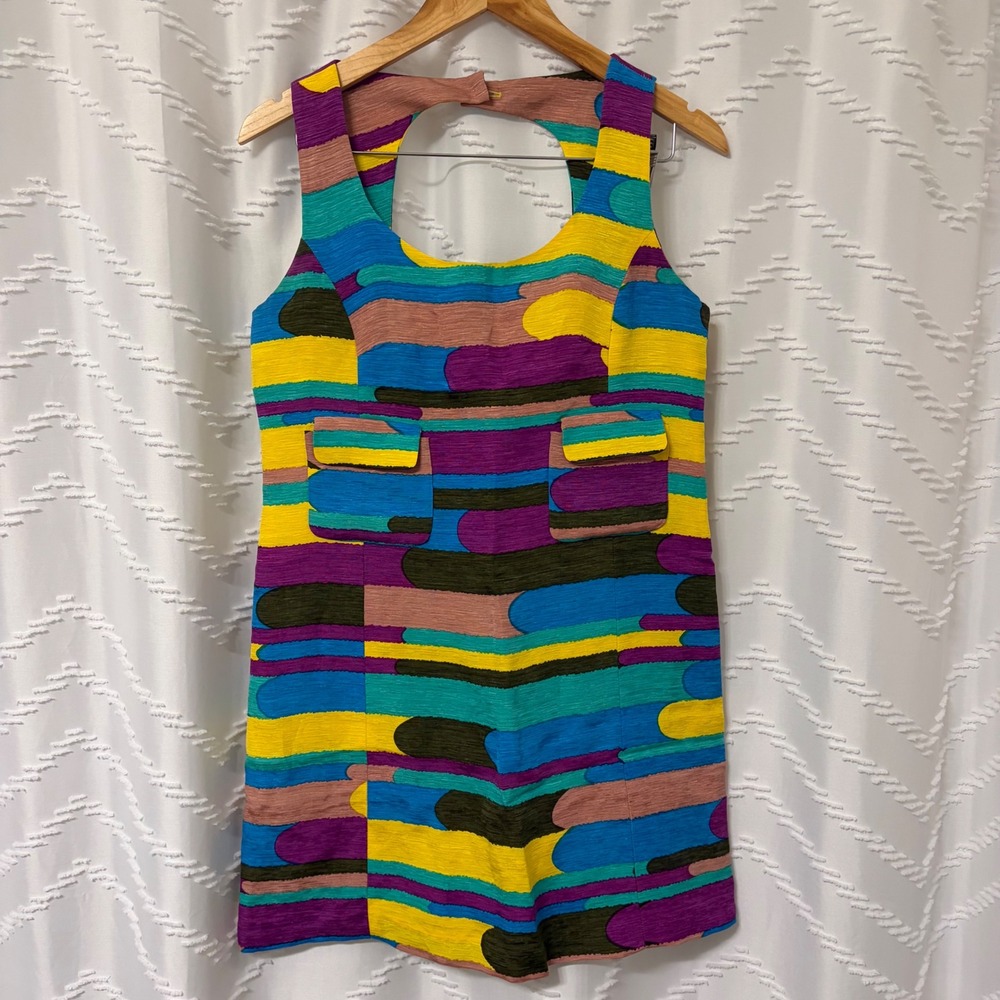 Tibi New York Silk Linen Abstract Geometric Mod Back Cutout Mini Dress 4 Multi